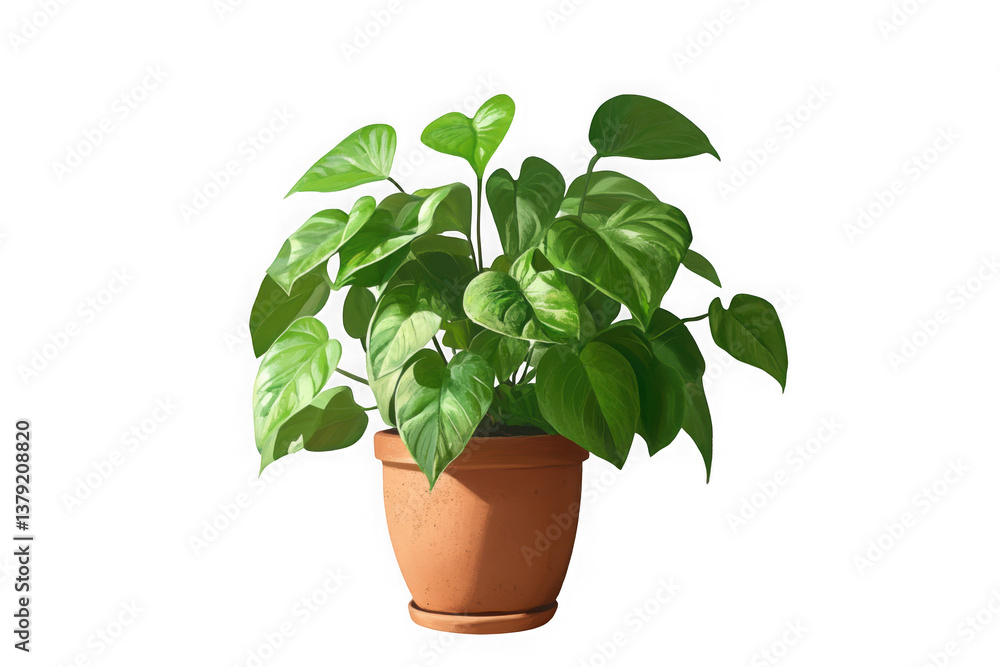 Fototapeta premium A potted plant in a classic terracotta vase with vibrant green leaves and lush foliage showcased in a minimalist composition for natural decor and indoor gardening inspiration
