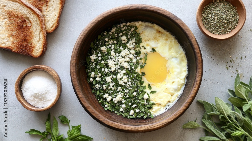 Overhead Shot of a Delicious Egg Dish with Herbs and Cheese Overhead Shot of a Delicious Egg Dish with Herbs and Cheese