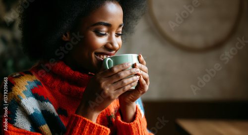 Smiling african young woman enjoying warm drink in cozy sweater