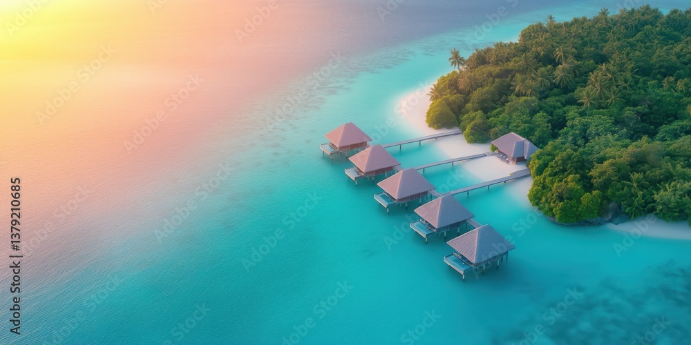 Fototapeta premium Luxury overwater villas in tropical paradise at sunset near a lush island in a crystal-clear ocean