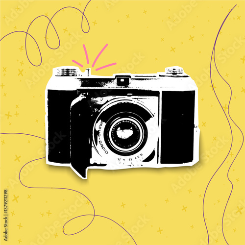 Photo shoot concept with vintage photo camera isolated on yellow background, retro grunge, dotted halftone vector cut out collage