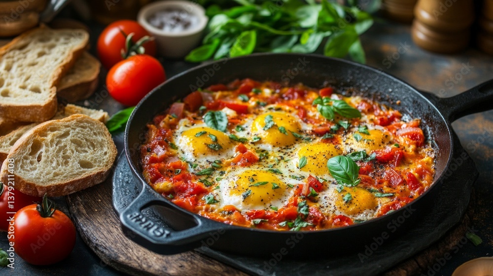 Shakshuka: Eggs with Tomatoes and Basil in Cast Iron Skillet Shakshuka: Eggs with Tomatoes and Basil in Cast Iron Skillet