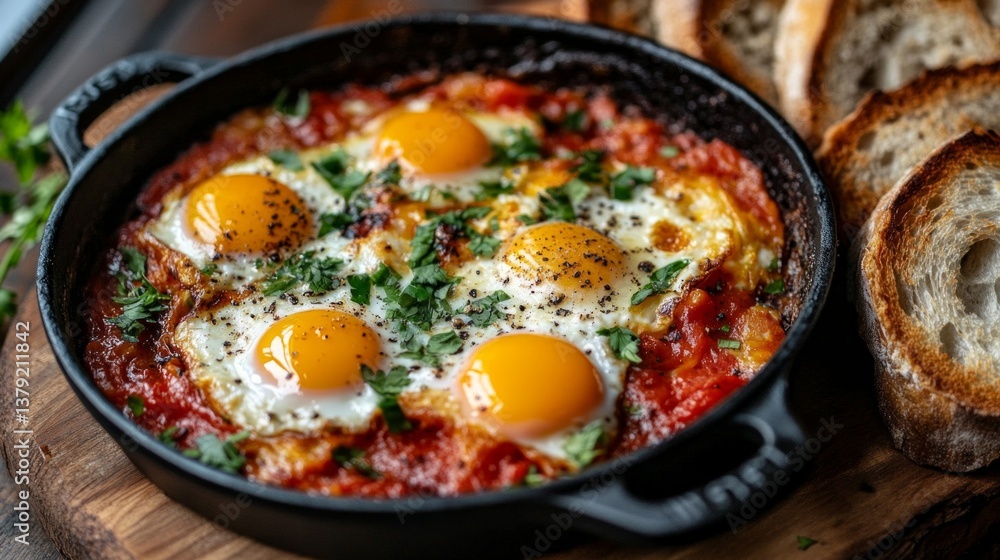 Savory Eggs in Red Tomato Sauce with Herbs in Cast Iron Skillet Savory Eggs in Red Tomato Sauce with Herbs in Cast Iron Skillet