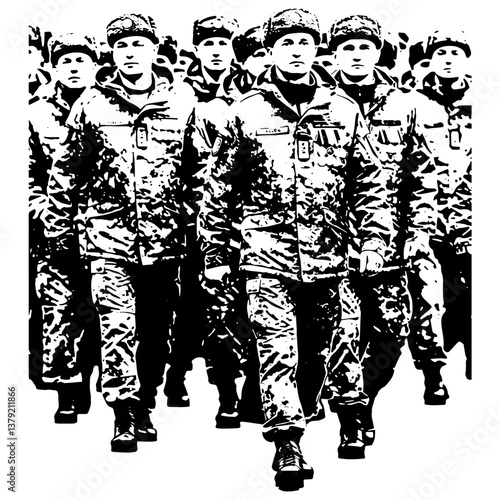Black and White Ukraine Army Art Ilustration, They stride confidently with a sense of pride with inverted perception