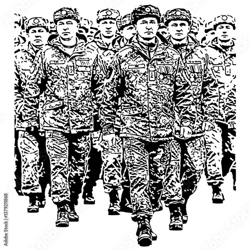 Black and White Ukraine Army Art Ilustration, They stride confidently with a sense of pride