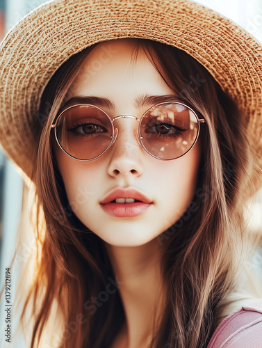Young woman wearing sunglasses and straw hat posing in sunlight