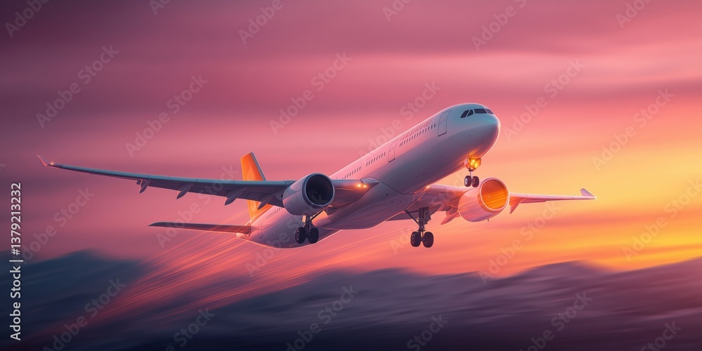 Airplane taking off during sunset with colorful sky and dramatic clouds in the background Airplane taking off during sunset with colorful sky and dramatic clouds in the background