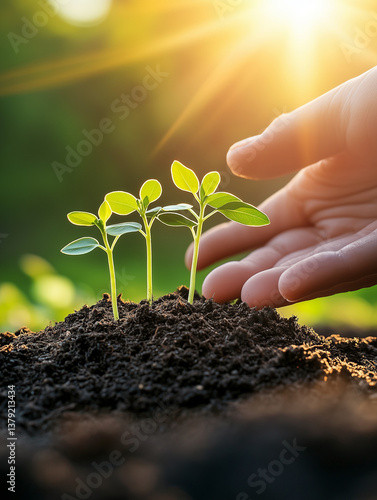 Wallpaper Mural Hand protecting seedlings growing in fertile soil at sunset Torontodigital.ca