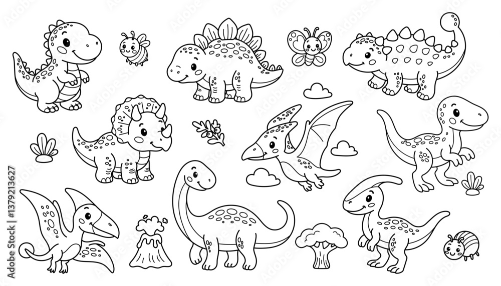 Obraz premium Set of cute cartoon dinosaurs and prehistoric elements for coloring books, crafts and kid activities