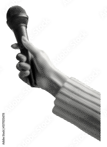hand holding microphone isolated retro halftone effect vintage dotted collage element
