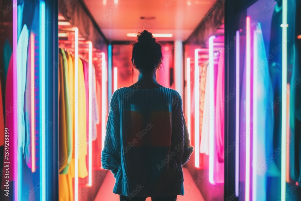 Exploring a modern fitting room filled with vibrant lighting and fashionable clothing choices
