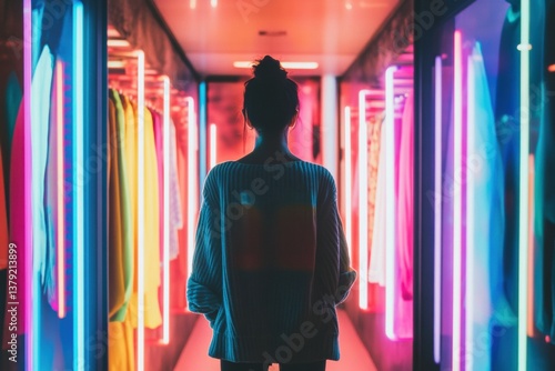 Obraz na płótnie Exploring a modern fitting room filled with vibrant lighting and fashionable clothing choices w salonie
