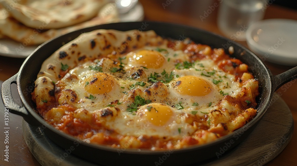 Savory Shakshuka Breakfast with Fried Eggs and Pita Bread Savory Shakshuka Breakfast with Fried Eggs and Pita Bread