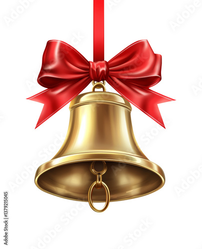 Golden Bell with Red Ribbon for Festive Occasions isolated on transparent background, png