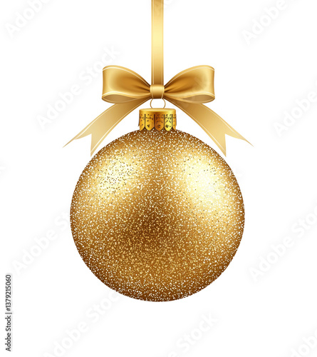 Glittering Gold Christmas Ornament with Elegant Bow isolated on transparent background, png