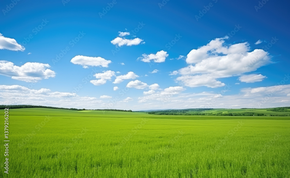 Fototapeta premium Vibrant Green Fields Under a Clear Blue Sky