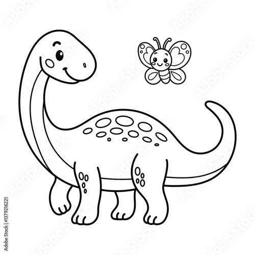 Friendly cartoon sauropod dinosaur and butterfly illustration made for childrens coloring activities