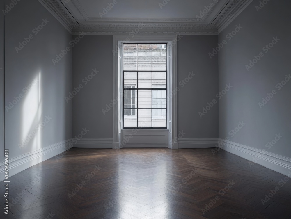 A large room with a window and a wooden floor. The room is empty and has a lot of space A large room with a window and a wooden floor. The room is empty and has a lot of space