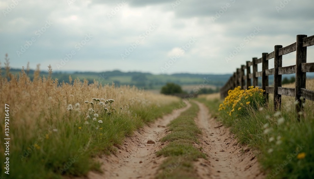 Obraz premium Serene rural path leading through grass and wildflowers 