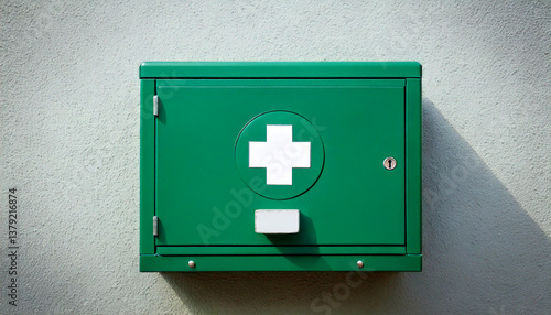 green first aid cabinet attached to a wall