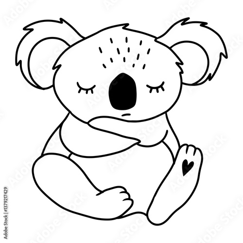Cute sleeping baby koala in black and white doodle style. Adorable hand-drawn vector illustration, perfect for nursery prints, clipart, and cut files