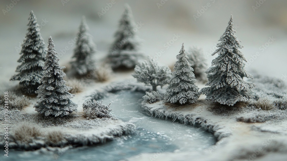 Miniature Winter Landscape with Snowy Trees and Frozen River Miniature Winter Landscape with Snowy Trees and Frozen River