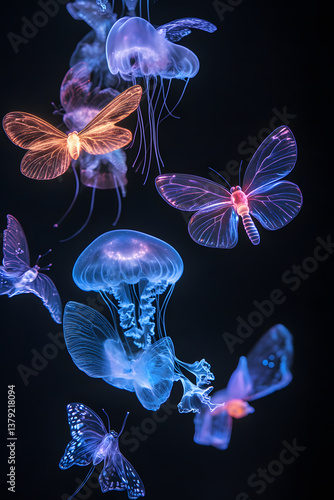 Glowing Transparent Butterflies and Jellyfish on a Black Background