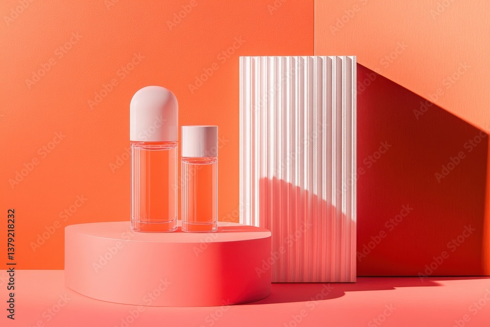 Two transparent bottles are standing on a raised circular platform Two transparent bottles are standing on a raised circular platform