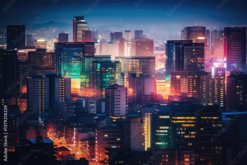 Obraz premium Vibrant City Lights and Evening Skyline