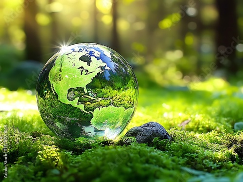 Earth Globe on Moss Green Land, Nature Scenery, Forest ,Bright Sunlight, Rock
