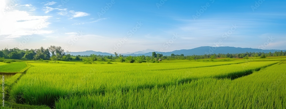 Obraz premium Expansive Green Paddy Fields Under Blue Sky