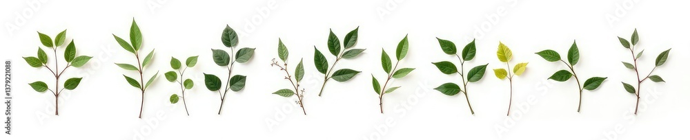 Branches in a row on a white background with varying lengths and shapes, foliage, composition Branches in a row on a white background with varying lengths and shapes, foliage, composition