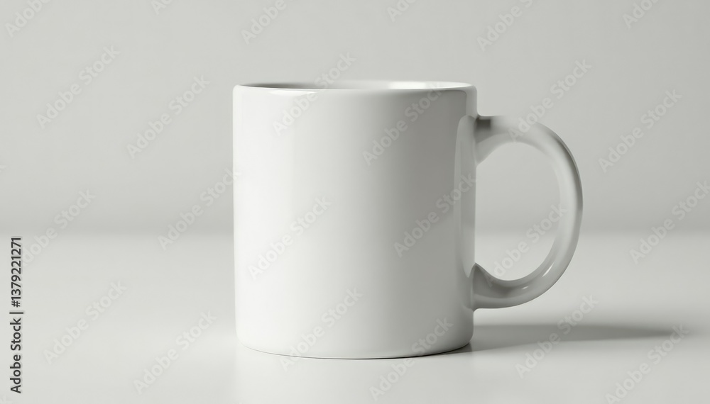 Classic white ceramic mug, handle detail visible , ceramic, front view Classic white ceramic mug, handle detail visible , ceramic, front view