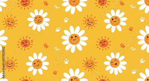 Happy Sun And Daisy Pattern Cheerful Yellow Orange White AI Generated