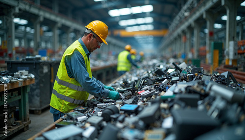 Worker sorting electronic waste in a recycling facility  