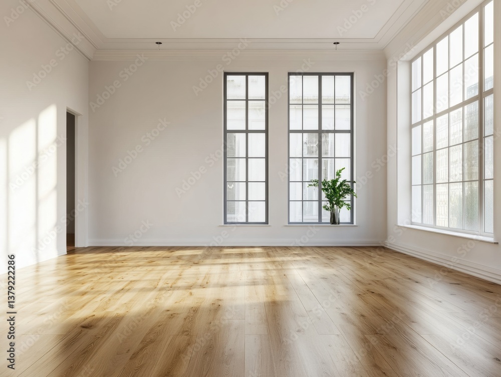 A large room with a white wall and two windows. The windows are open and the room is very bright A large room with a white wall and two windows. The windows are open and the room is very bright