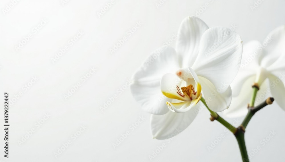 Obraz premium Delicate white orchid blossom on pure white background, texture, natural, stock photo