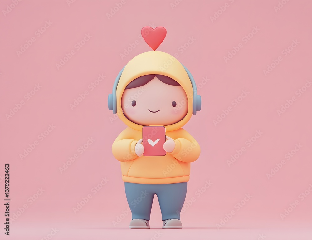 Cartoon character holding a heart envelope wearing a hoodie against a pink background. Cartoon character holding a heart envelope wearing a hoodie against a pink background.