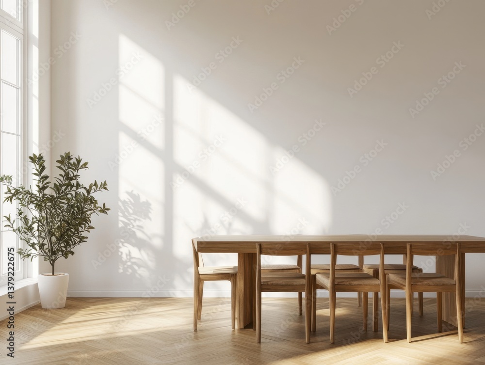 Fototapeta premium A large wooden dining table with six chairs around it. A potted plant is in the corner of the room