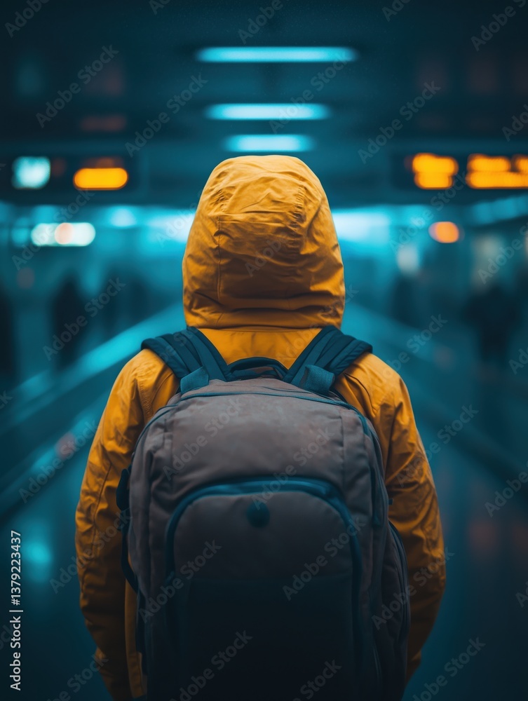 Person in yellow jacket waiting at subway station during early evening hours Person in yellow jacket waiting at subway station during early evening hours
