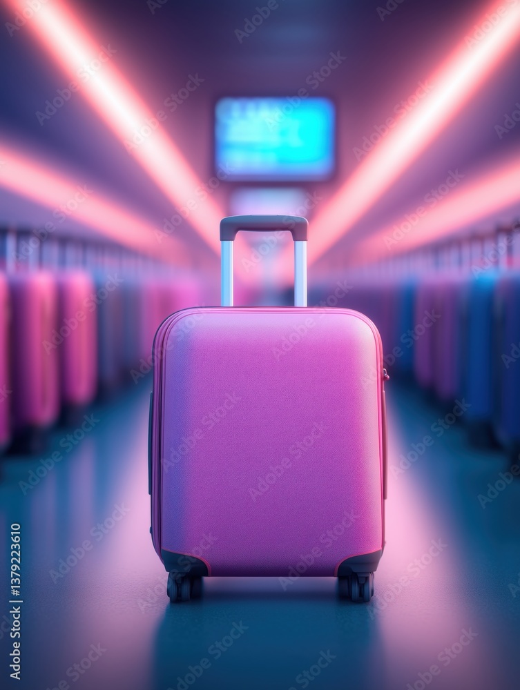 Fototapeta premium Vibrant pink suitcase stands out in a brightly lit airport hallway filled with luggage