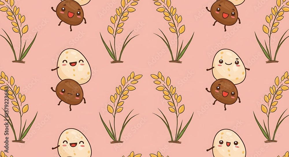 Naklejka premium Adorable Rice Cartoon Seamless Pattern Warm Hues AI Generated