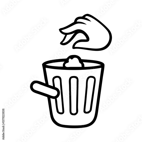 Trash icon with hand disposing waste, environmental cleanup concept