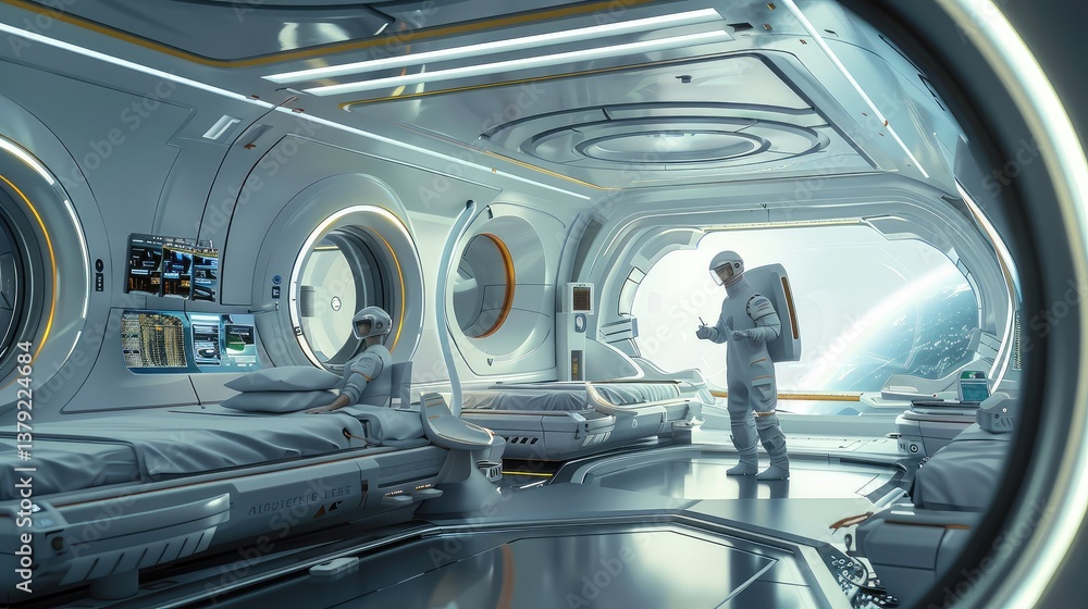 Obraz premium Ultramodern Space Station Dormitory with Astronauts