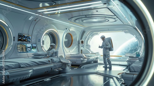Ultramodern Space Station Dormitory with Astronauts