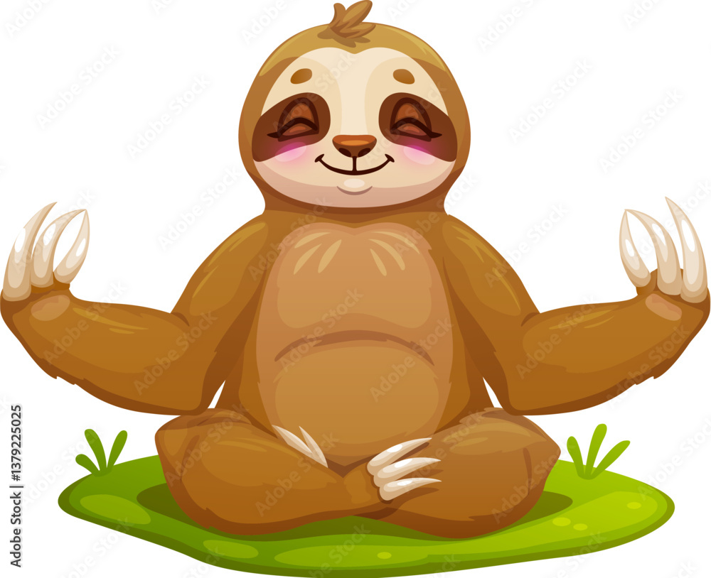 Fototapeta premium Cartoon lazy sloth in meditation Zen, funny cute animal for kids, vector character. Cheerful sloth in Buddah posture with harmony finger gesture in meditation or peaceful relaxation and tranquility