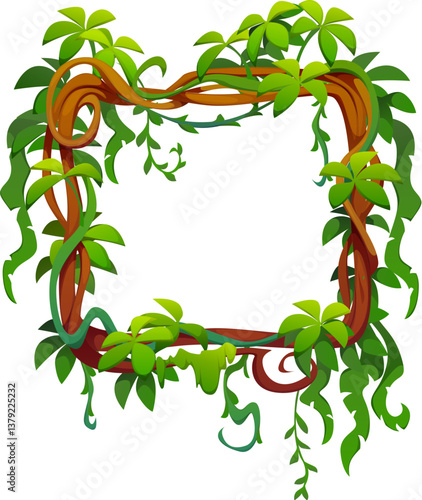 Jungle tropical forest liana green leaves frame with lush exotic plants. Cartoon vector square border template. Game rainforest background with thickets, tree branches vines, foliage and green grass