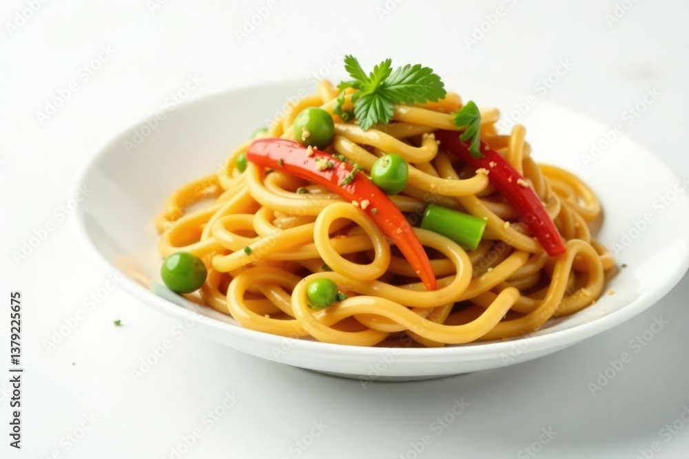 Stir-fried noodles with vegetables, white backdrop, shot, oil, cuisine Stir-fried noodles with vegetables, white backdrop, shot, oil, cuisine