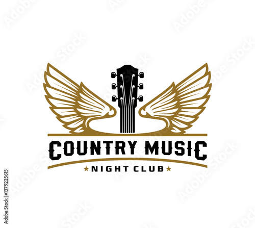 Country music icon for night club or Western bar concert, vector guitar on wings. Country music emblem with guitar and stars for nightclub, American saloon bar and musical band or country studio badge