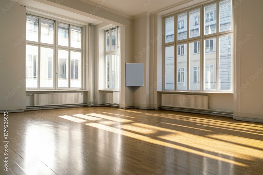 Spacious sunlit interior with large windows and wooden flooring, perfect for modern real estate listings. Spacious sunlit interior with large windows and wooden flooring, perfect for modern real estate listings.